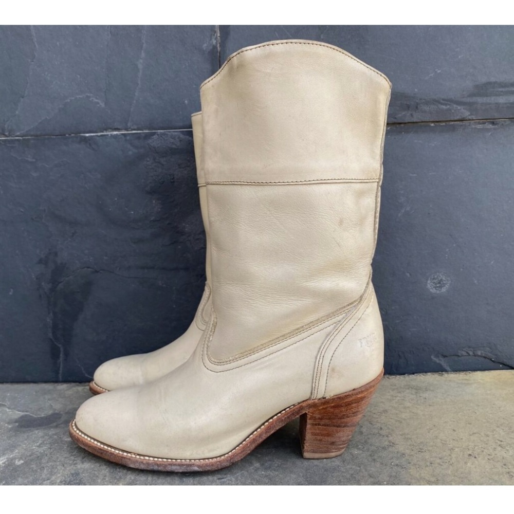 Vintage 70s/80s FRYE Ivory Bone Beige Cream Western Leather Cowboy Boots RARE